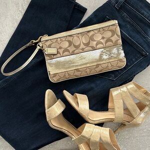 COACH Signature Sateen Sequin Large Flat Wristlet Light Khaki/Gold